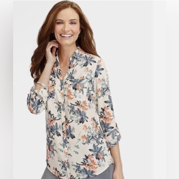 Talbots Floral Button Down Shirt - Black, Orange, Blue - Picture 10 of 13